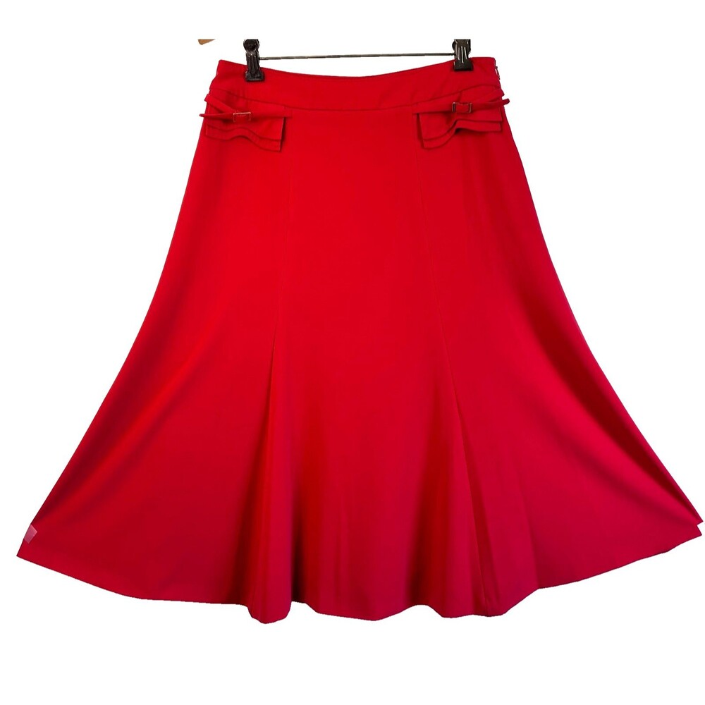 Les Copains Red Flared A-Line Midi Skirt Sz 42/6 Faux Pockets Buckle Made Italy